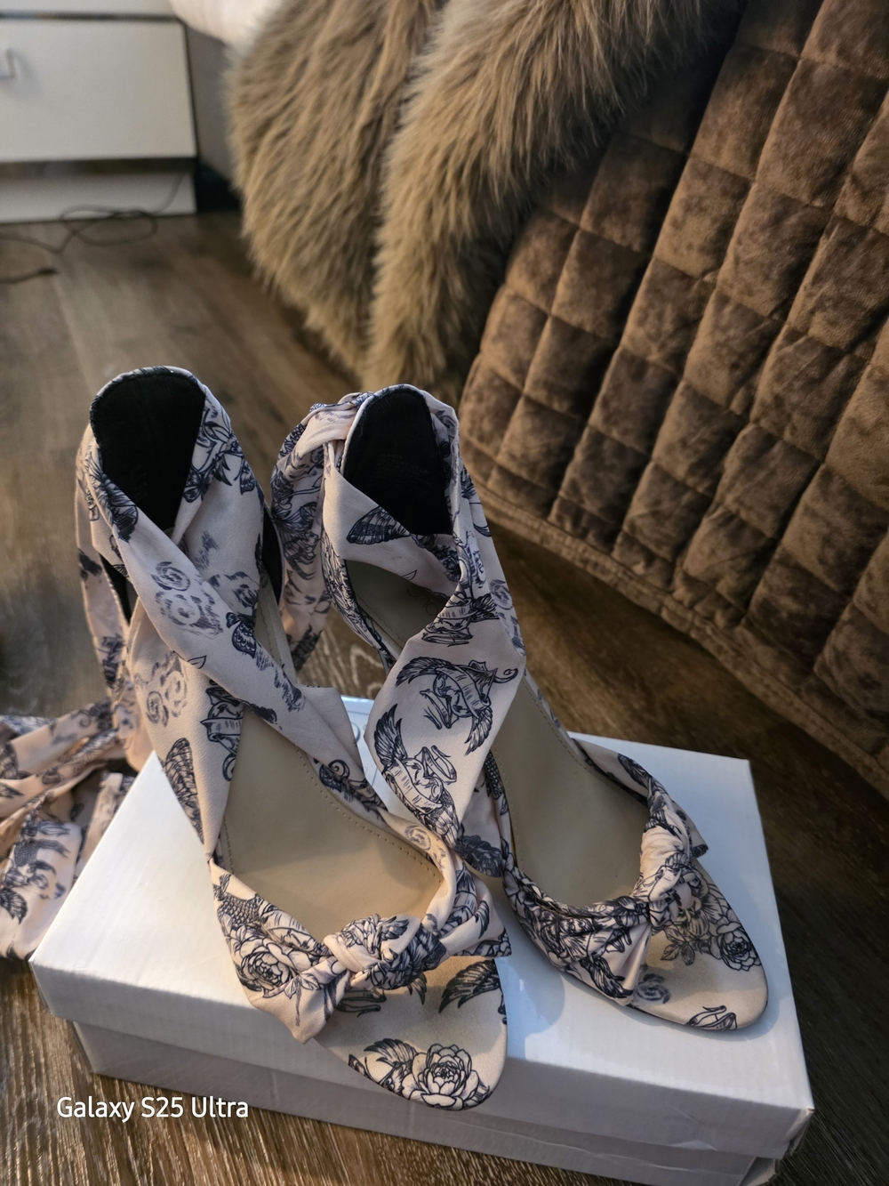 Floral Tie-Up Heeled Sandals - Beige & Black